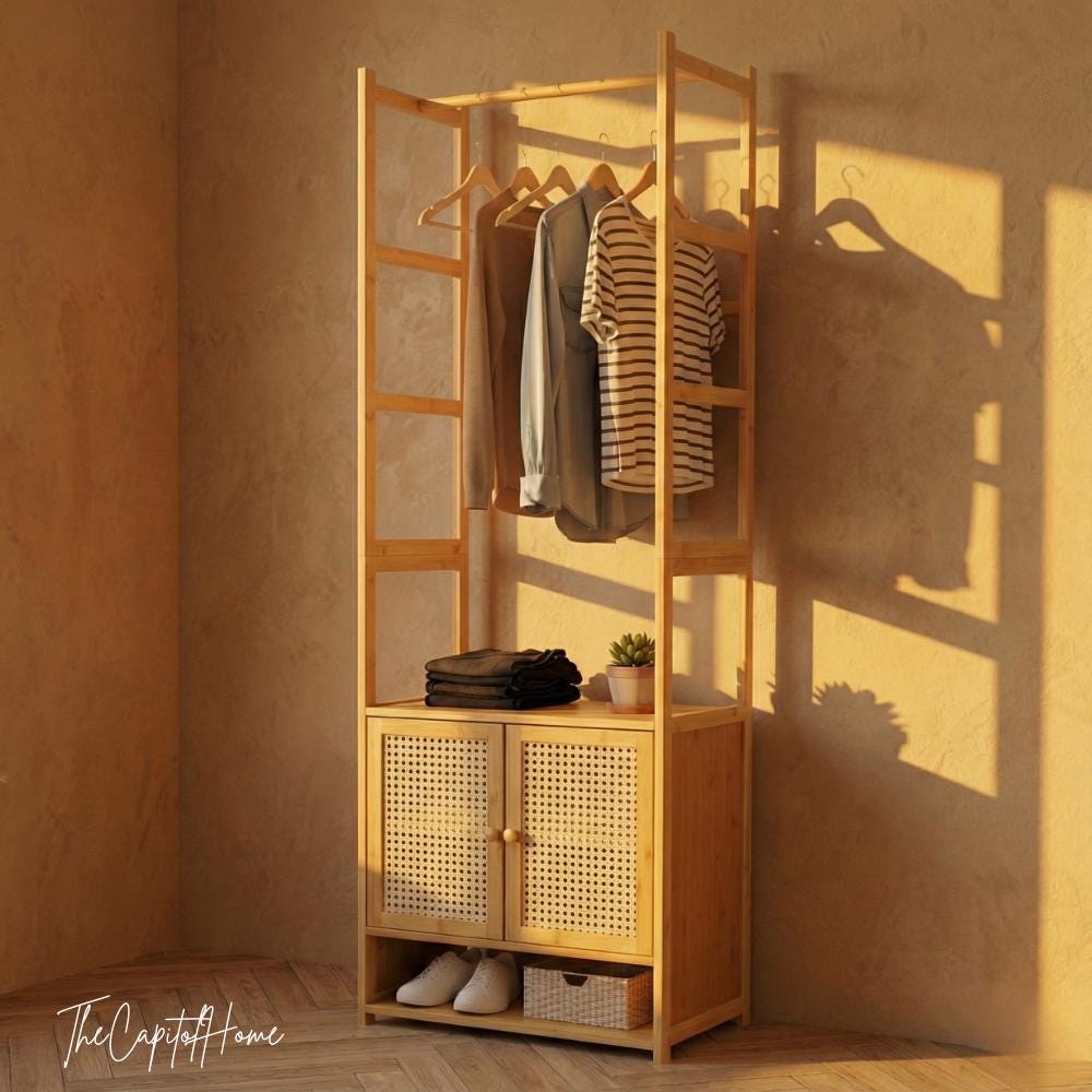 Japandi Bamboo Wardrobe & Closet Organizer | Rattan-Look Open Entryway Cabinet - product image 3