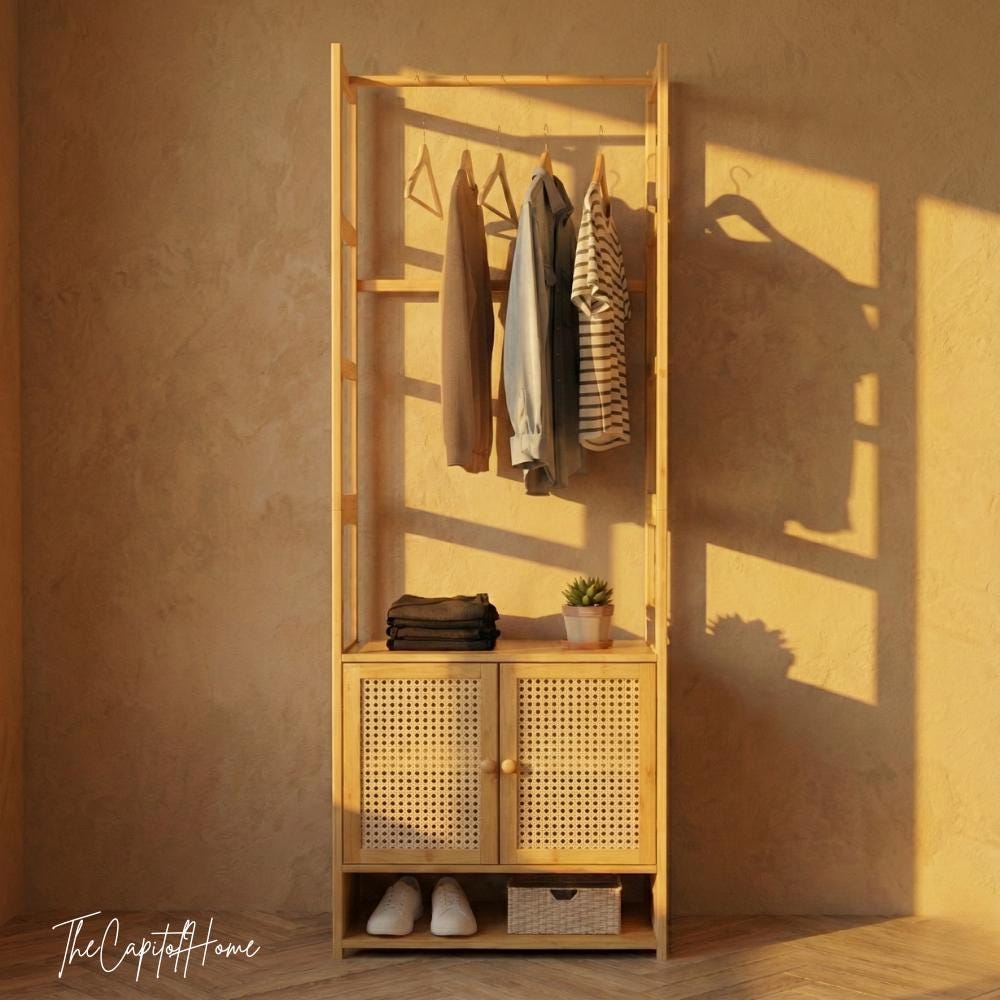 Japandi bamboo open wardrobe organizer with rattan-look finish, featuring hanging rods and shelves for bedroom or entryway st