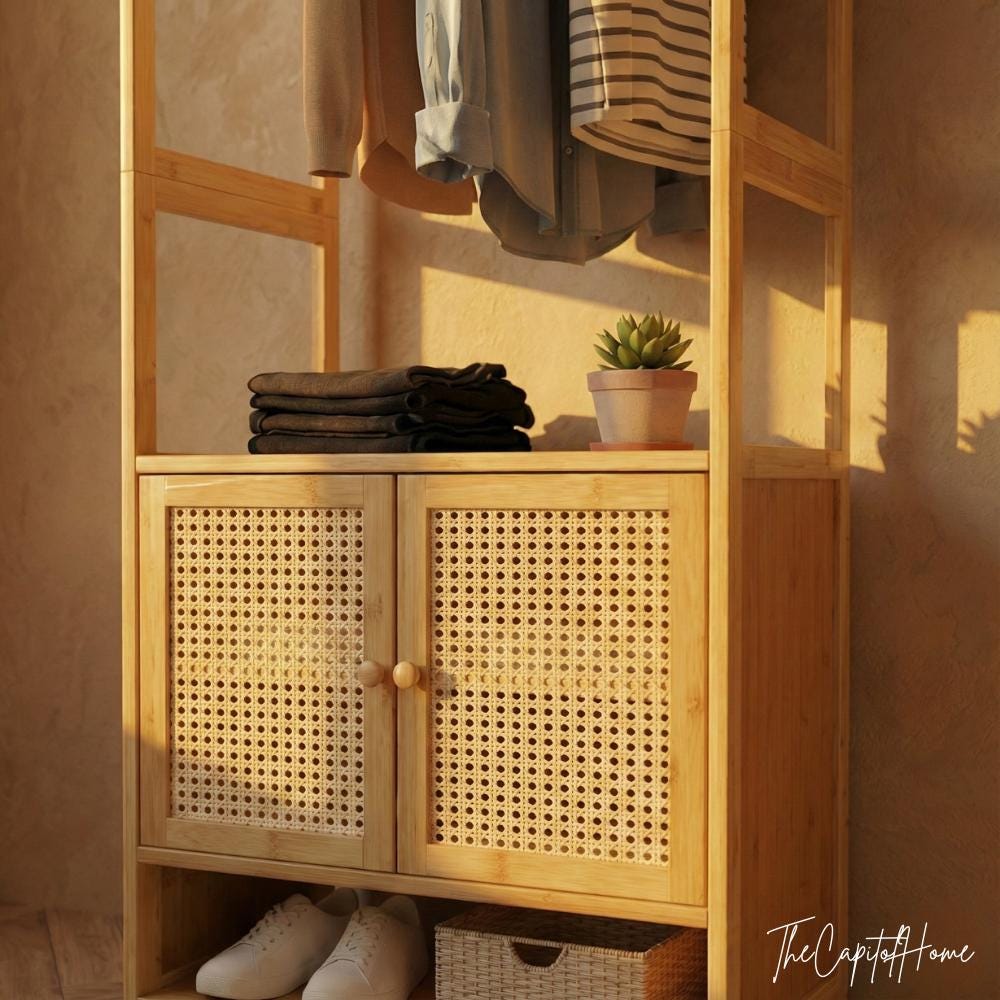 Japandi Bamboo Wardrobe & Closet Organizer | Rattan-Look Open Entryway Cabinet - product image 2