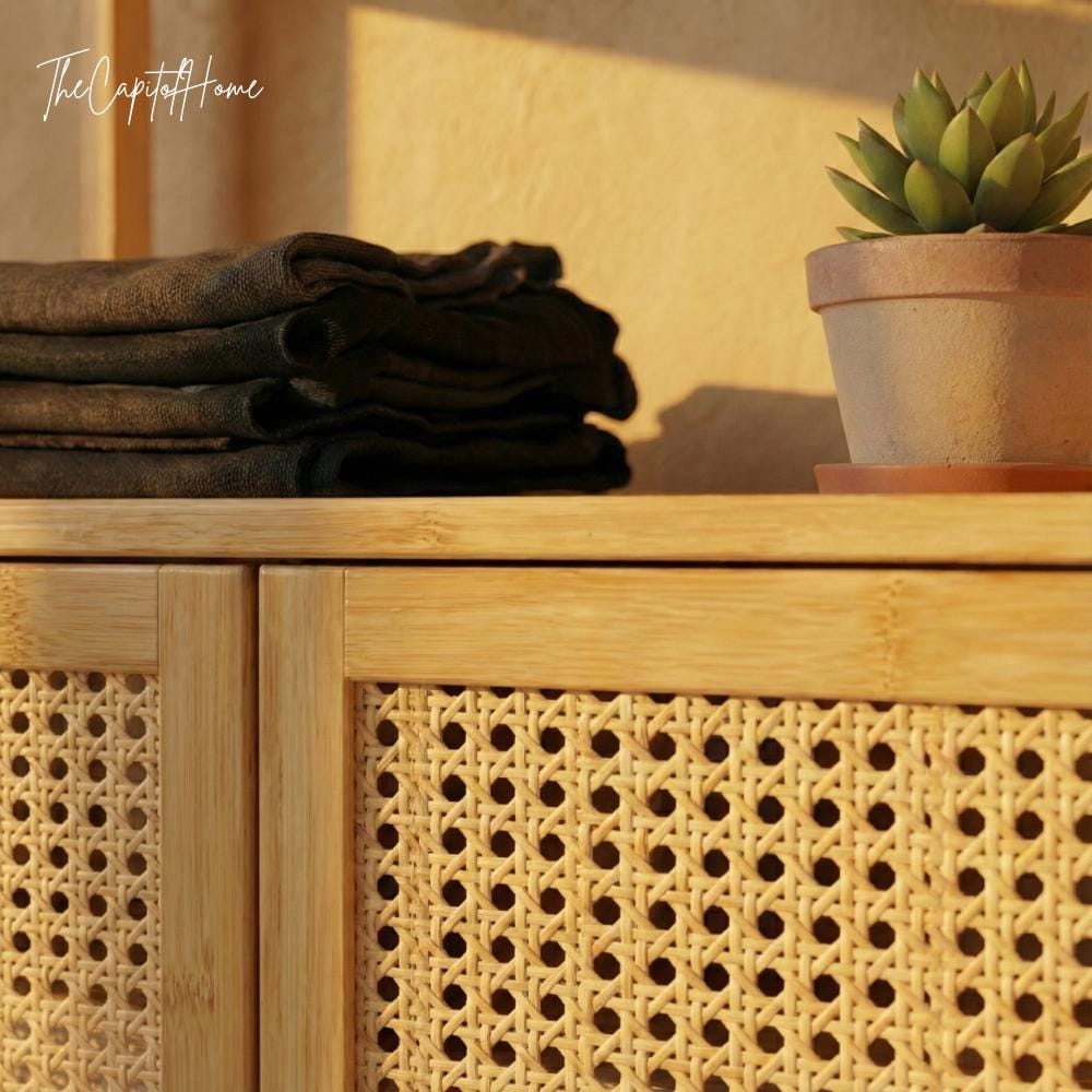 Japandi Bamboo Wardrobe & Closet Organizer | Rattan-Look Open Entryway Cabinet - product image 4