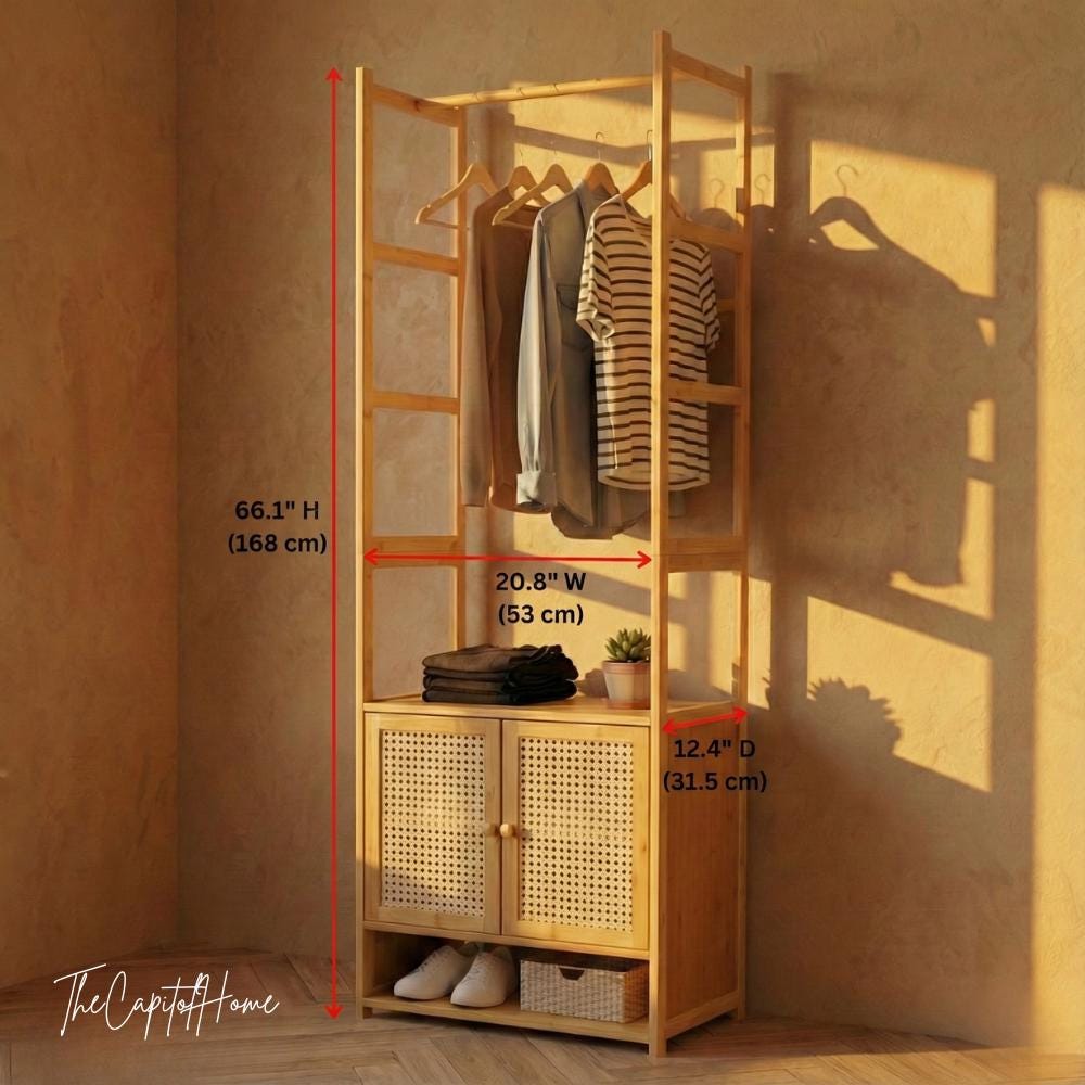 Japandi Bamboo Wardrobe & Closet Organizer | Rattan-Look Open Entryway Cabinet - product image 5