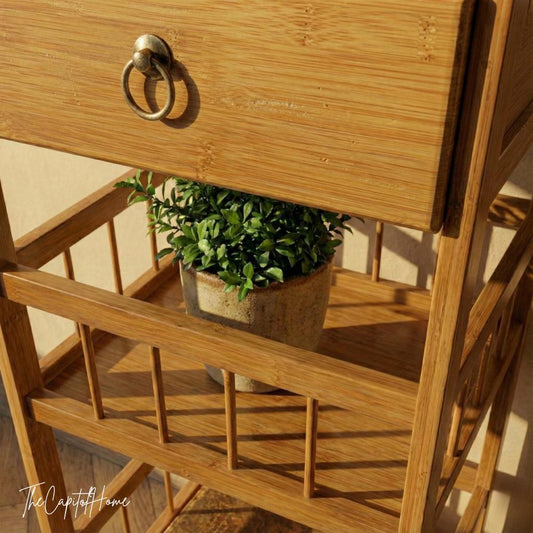 Bamboo 3-Tier Plant Stand 31" – Japandi Nightstand with Drawer, Natural Wood - product image 2