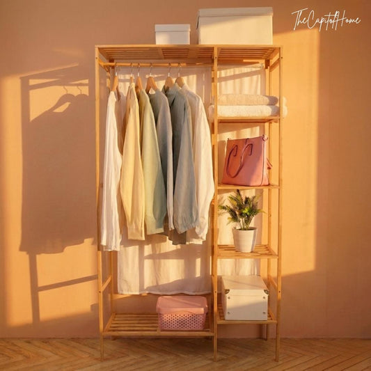 Bamboo Clothes Rack with Curtain & 6 Shelves – Japanese Style Open Wardrobe Organizer 57" - product image 1